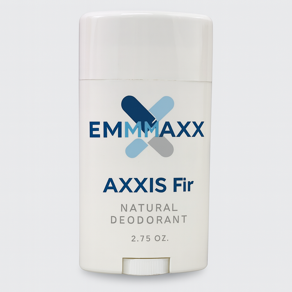 Emmmaxx Axxis Fir natural deodorant stick on a light gray background