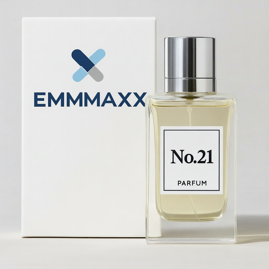 Emmaxx No.21 perfume bottle and packaging on a light gray background