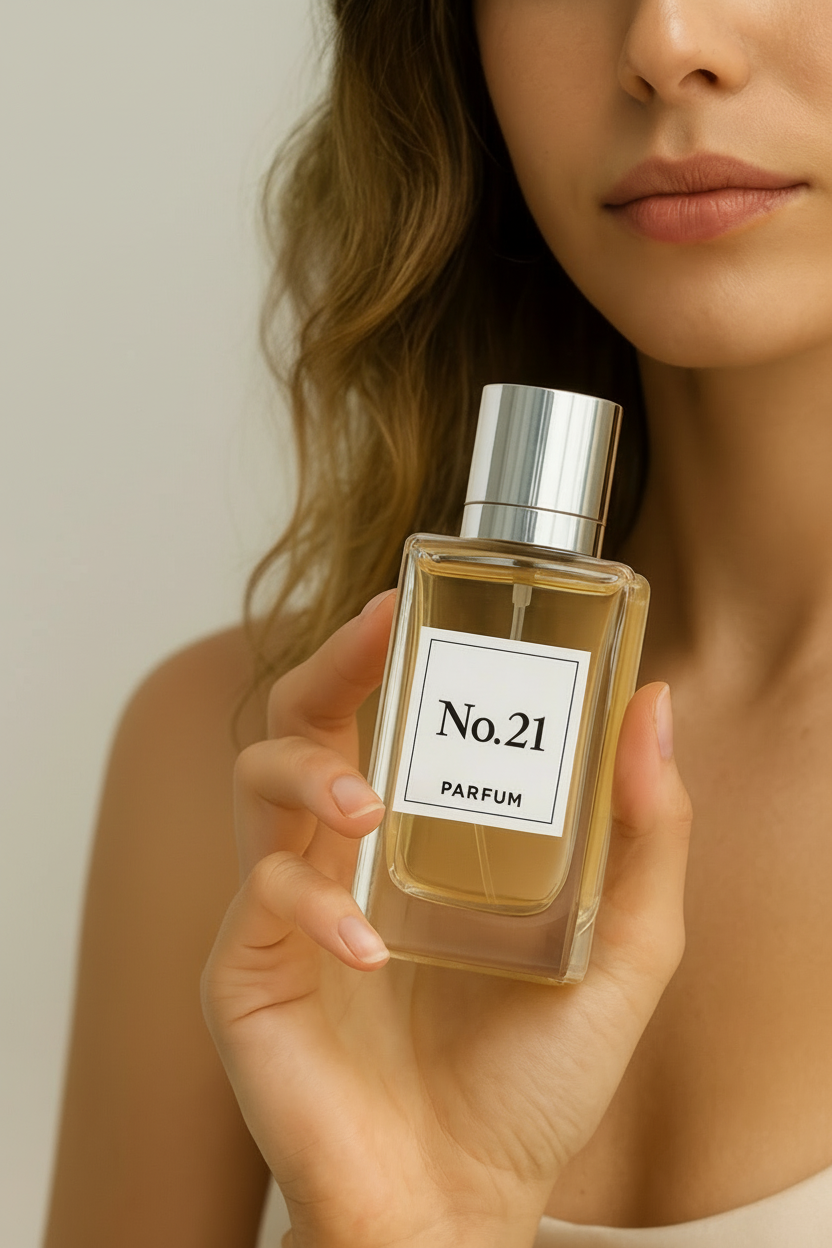 Person holding a perfume bottle labeled 'No. 21' by MIMMAXX