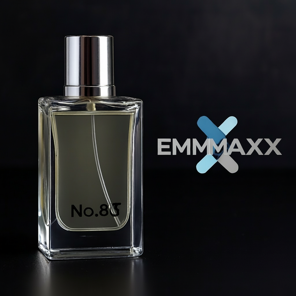 Clear perfume bottle labeled 'No.85' with a dark background and 'EMMAXX' logo.