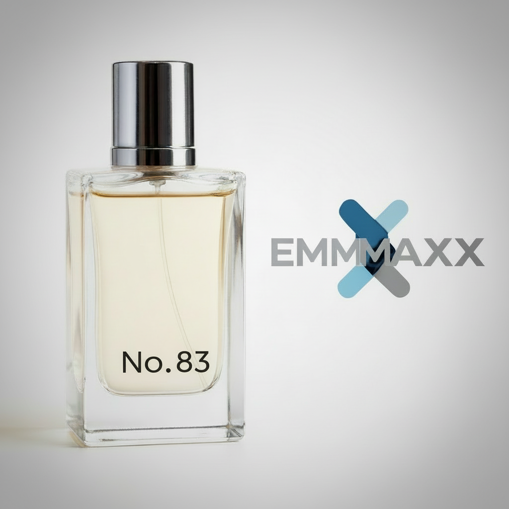 Clear perfume bottle labeled 'No.85' with a dark background and 'EMMAXX' logo.