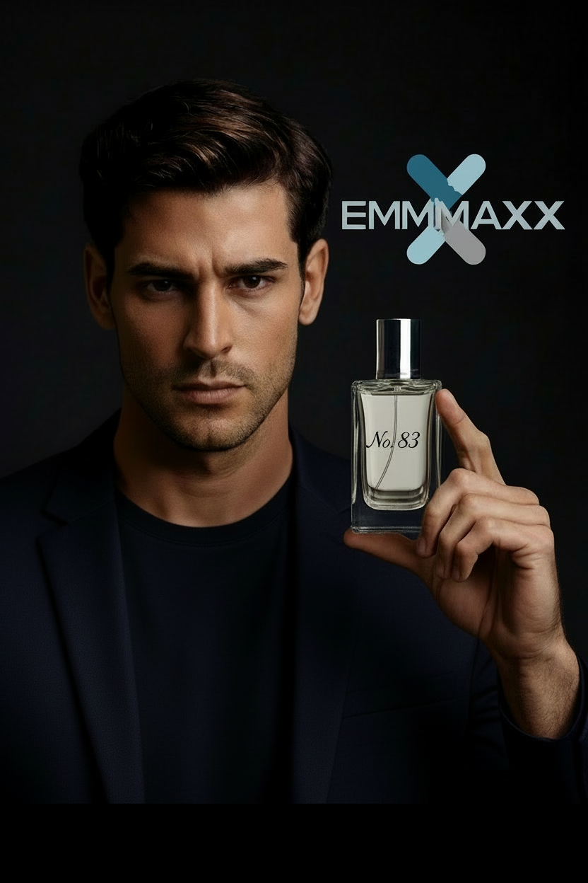 Man holding a perfume bottle labeled 'No. 83' with 'EMMMaxx' branding on a dark background.