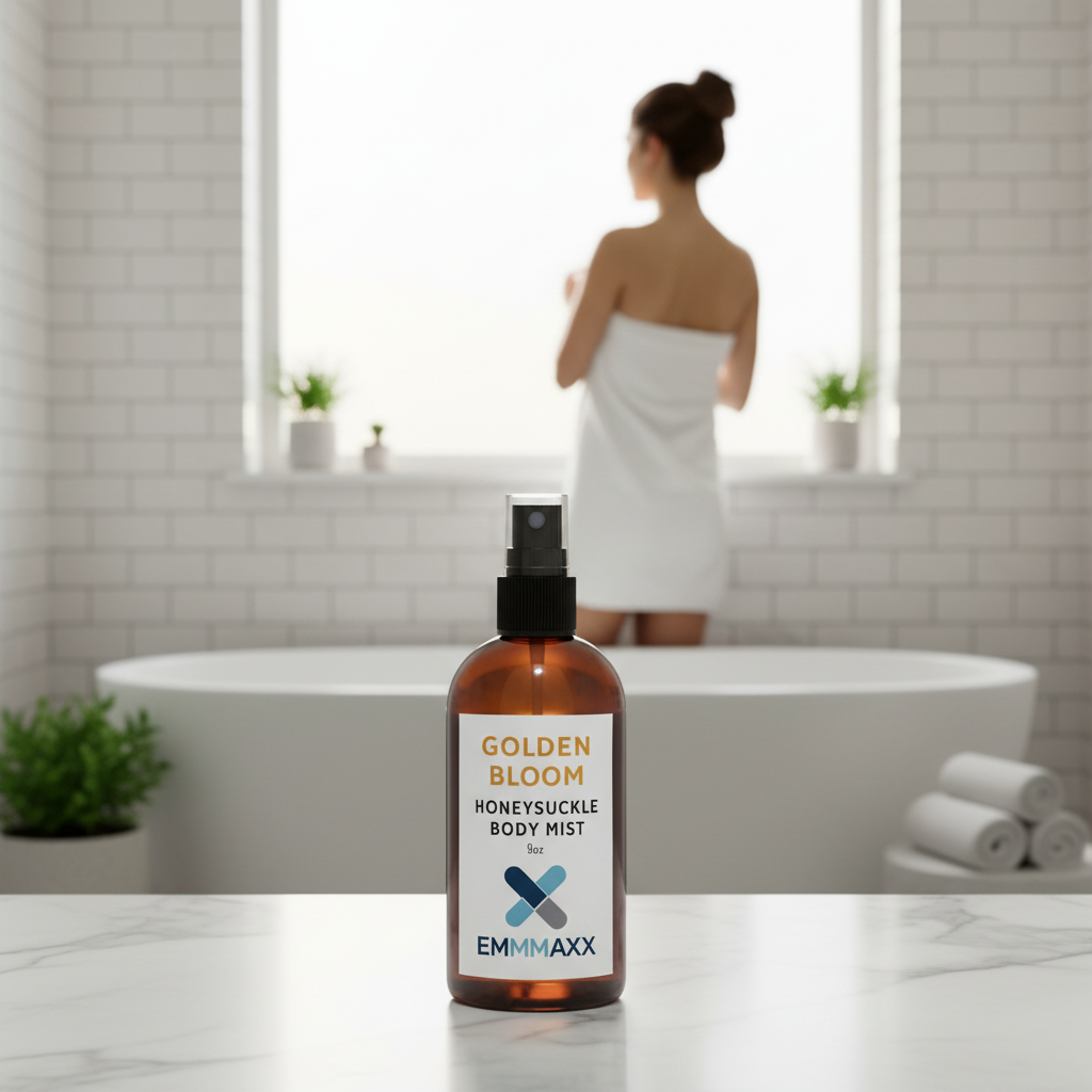 Brown spray bottle labeled 'Golden Bloom Honeysuckle Body Mist' by EMMAXX on a light gray background