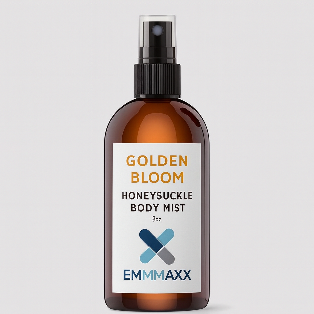Brown spray bottle labeled 'Golden Bloom Honeysuckle Body Mist' by EMMAXX on a light gray background