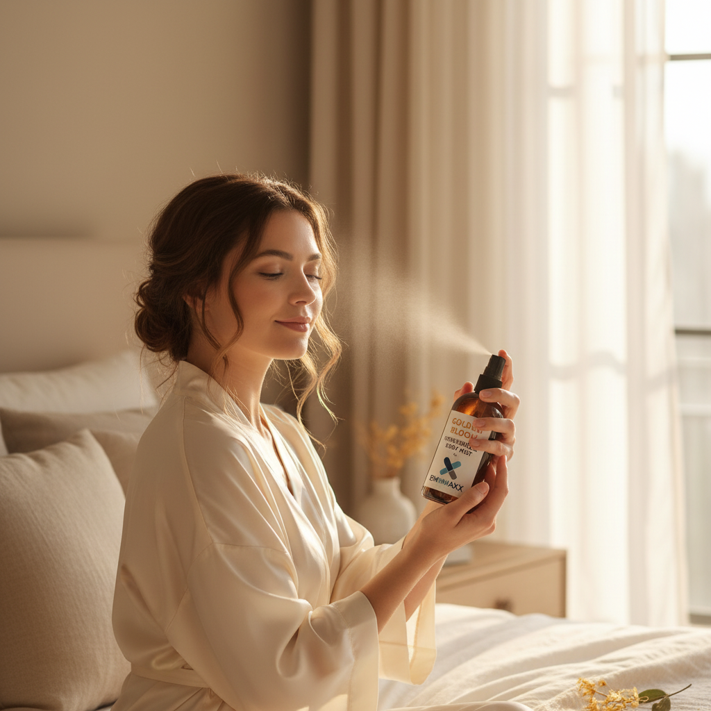 Brown spray bottle labeled 'Golden Bloom Honeysuckle Body Mist' by EMMAXX on a light gray background