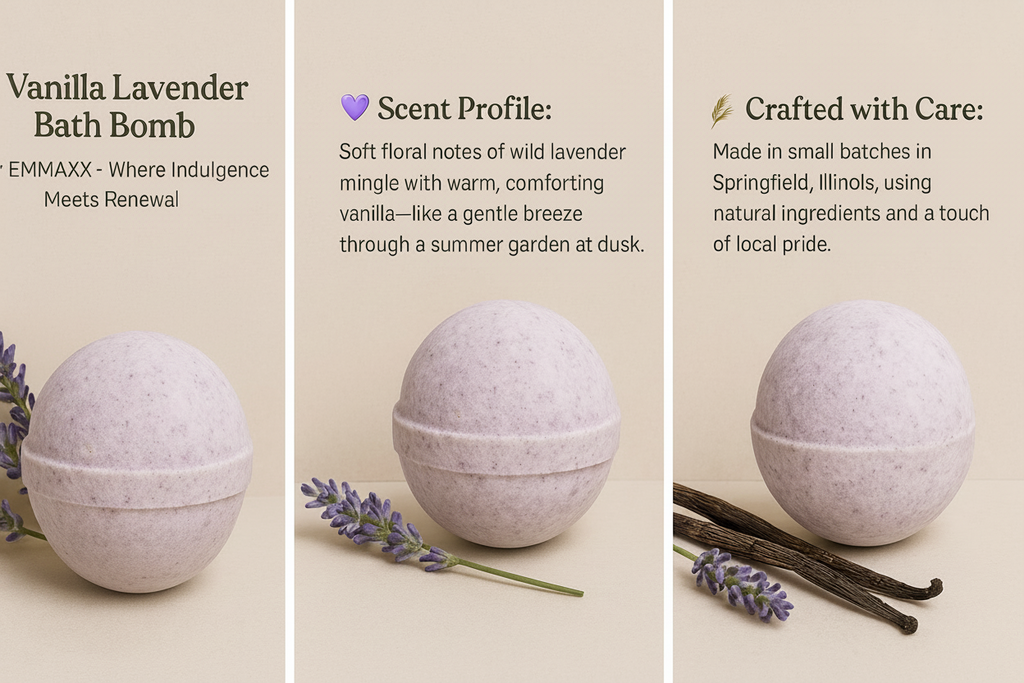 EMMMAXX Vanilla Lavender bath bomb with packaging, lavender and vanilla beans on a beige background.