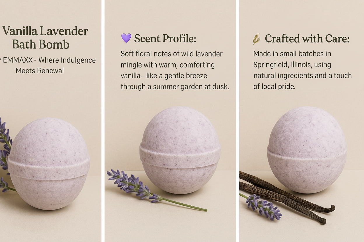 EMMMAXX Vanilla Lavender bath bomb with packaging, lavender and vanilla beans on a beige background.