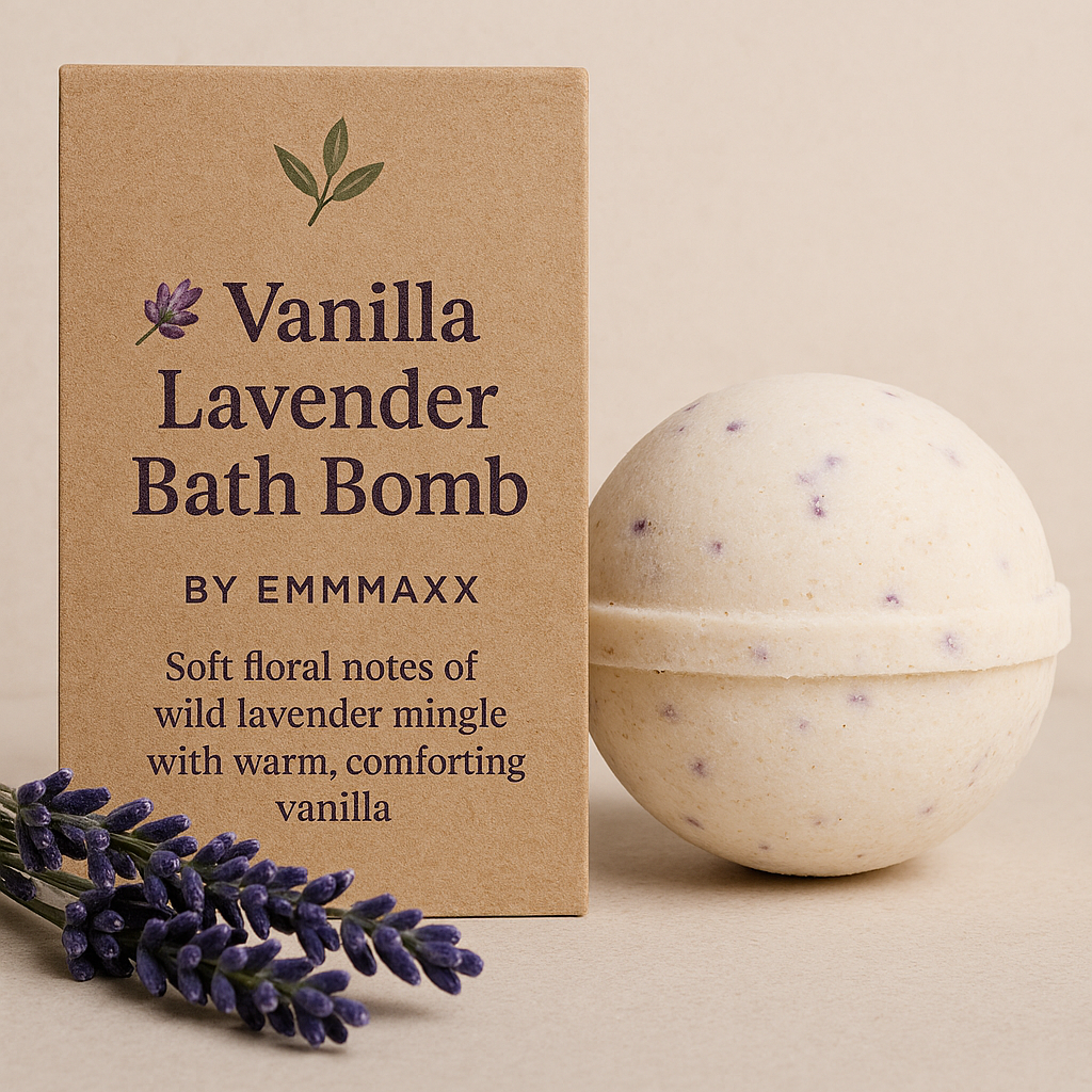 Vanilla Lavender Bath Bomb by EMMAXX with packaging and lavender flowers on a beige background