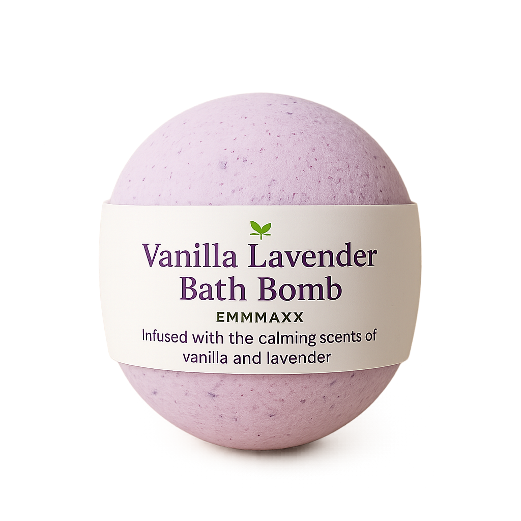 Vanilla Lavender Bath Bomb with EMMAXX branding on a white background