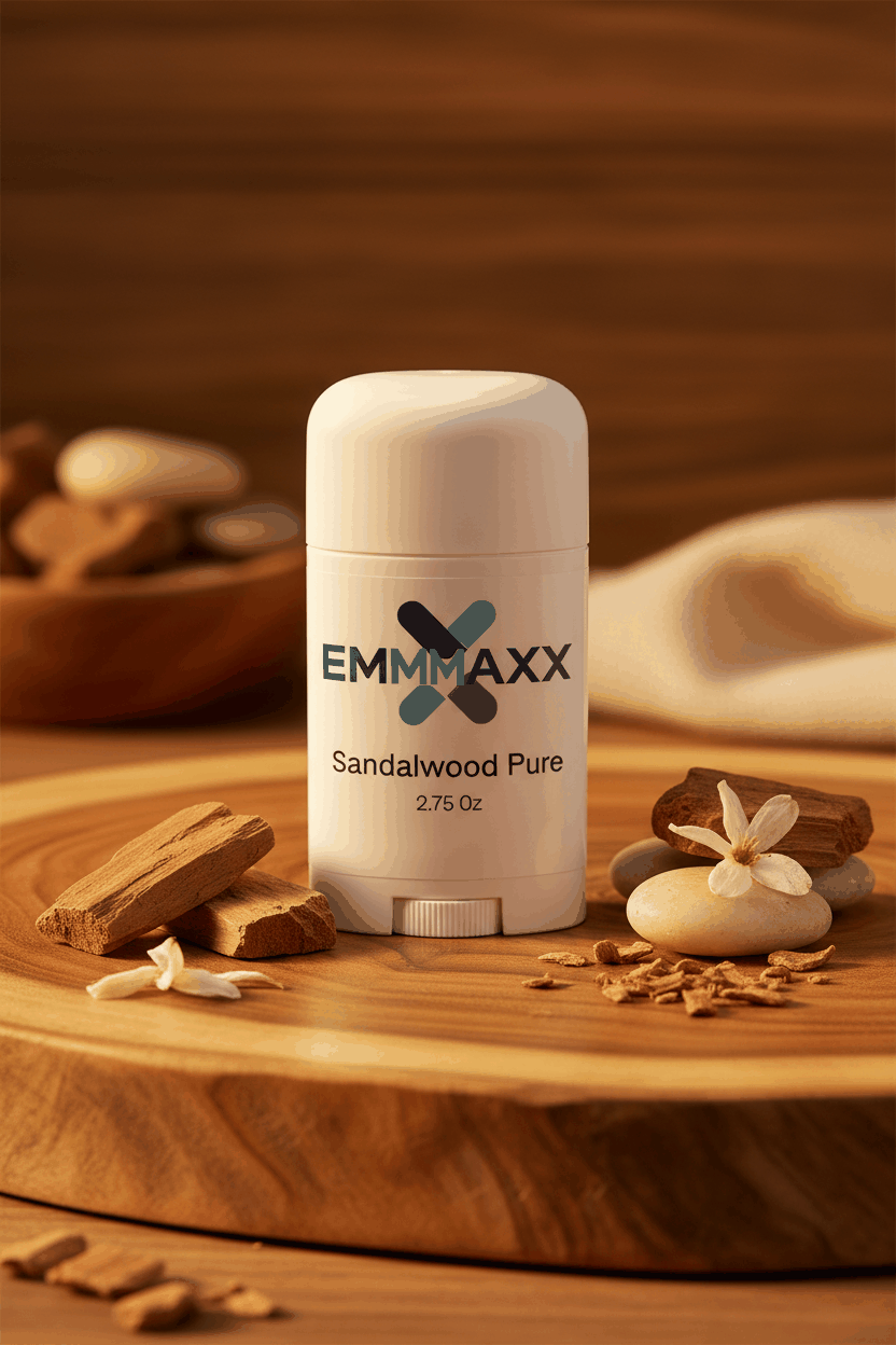 Natural deodorant stick Sandalwood Pure 2.75 oz with sandalwood scent and earthy ingredients on wooden surface